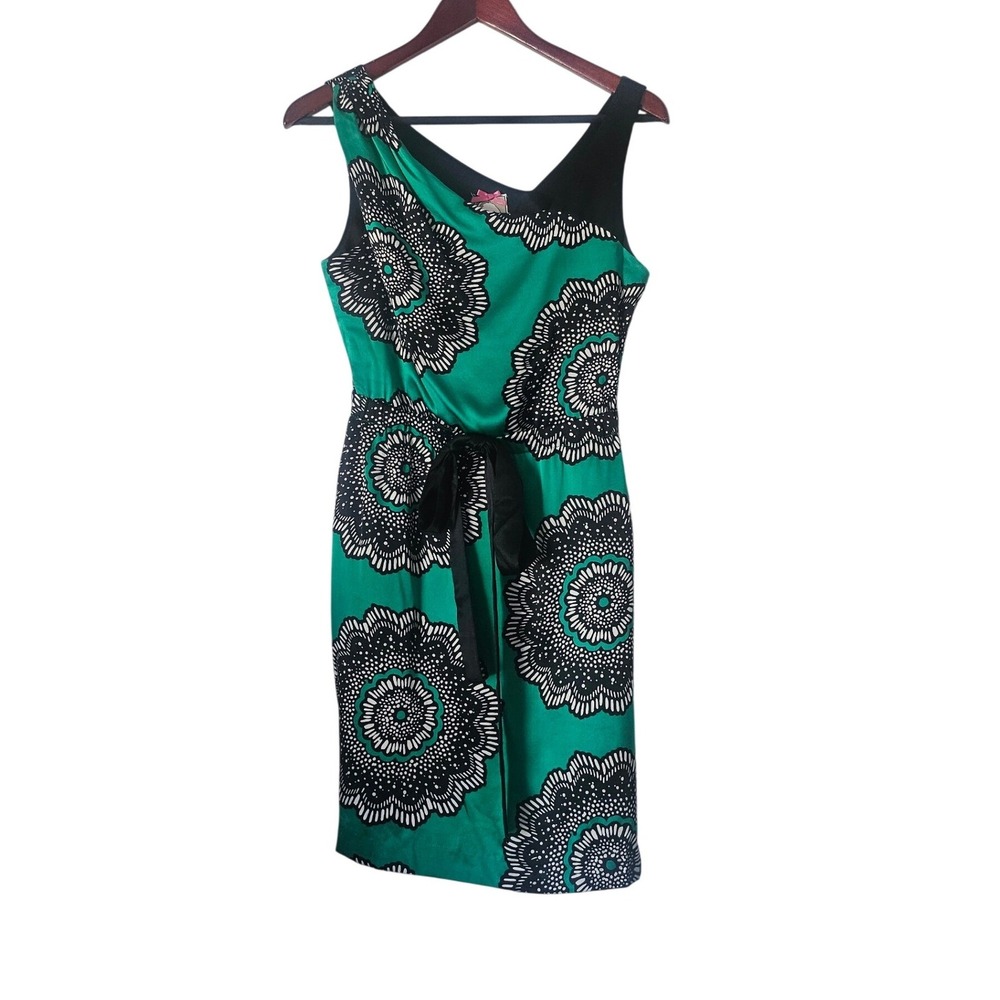 Yoana Baraschi 100% Silk One Shoulder Cocktail Dress Green Floral Medallion Sz 4